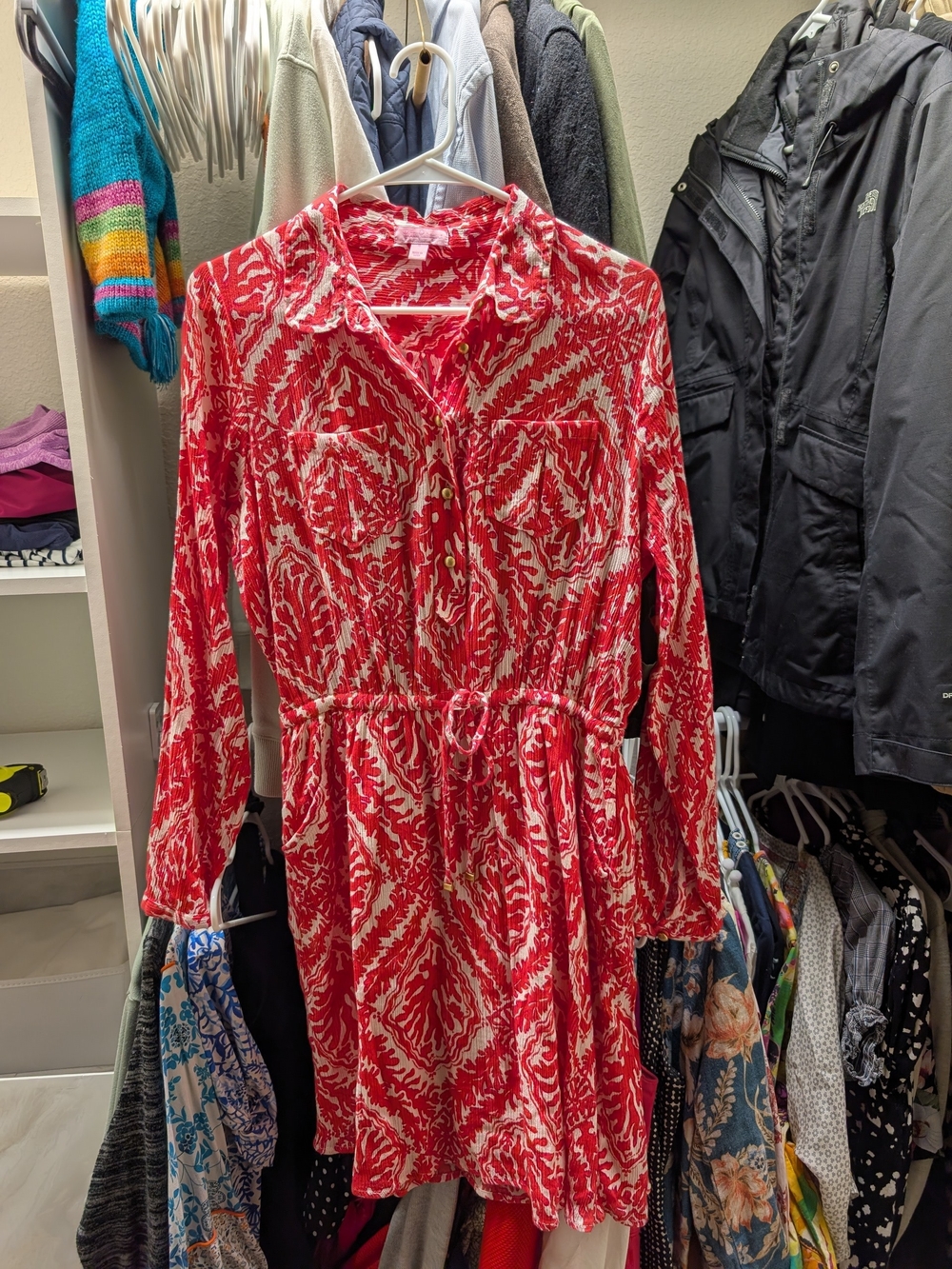 Lilly Pulitzer Long-Sleeve Coral Shirt Dress with Tie Waist Size 6